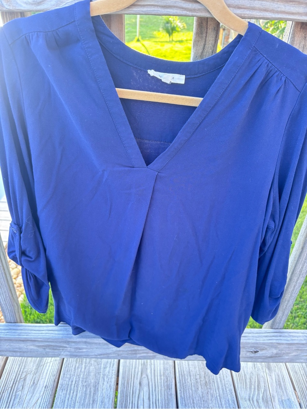 Pleione Deep Blue V-Neck Roll-Sleeve Blouse